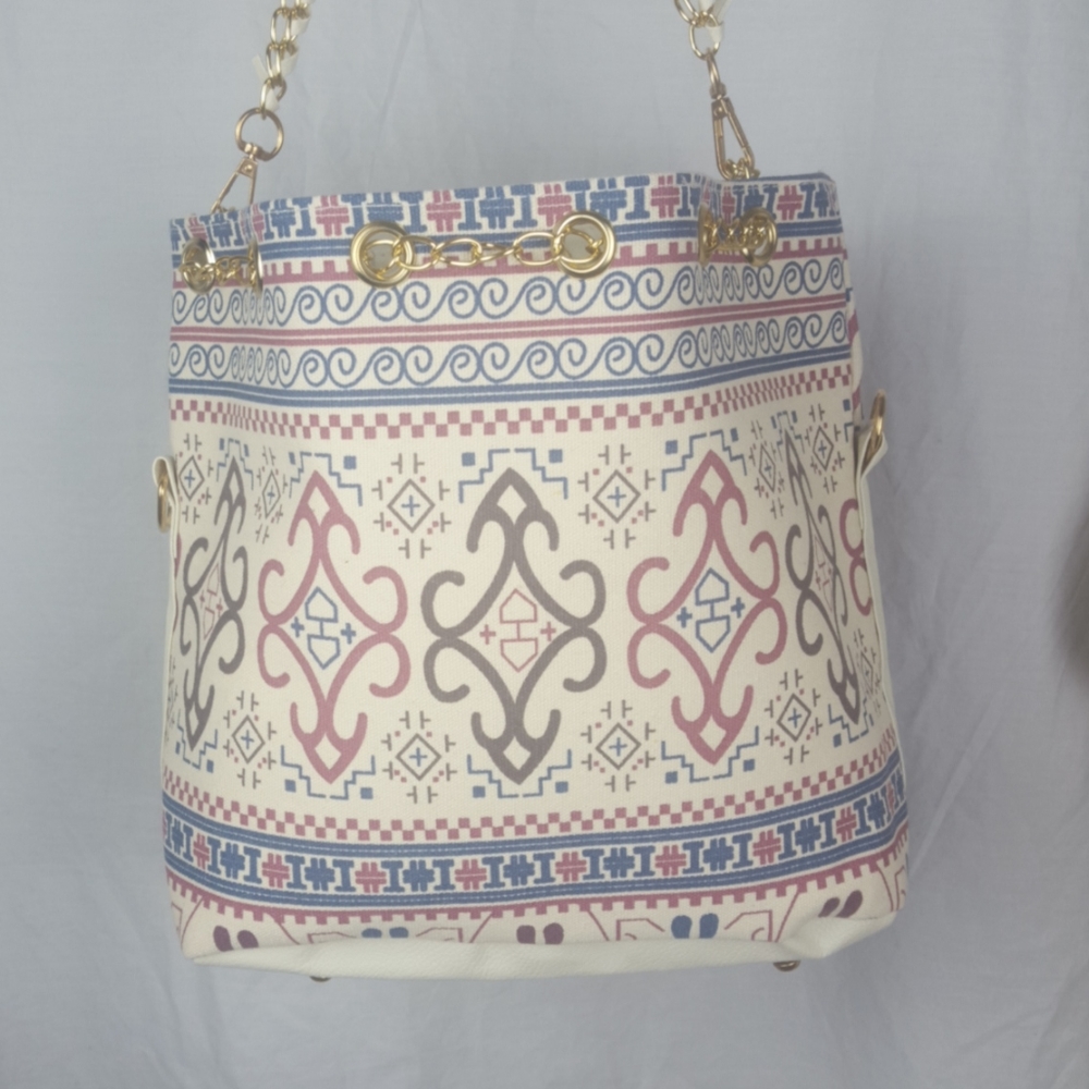 Tote Purse Bag Tan Cream Gold Blue